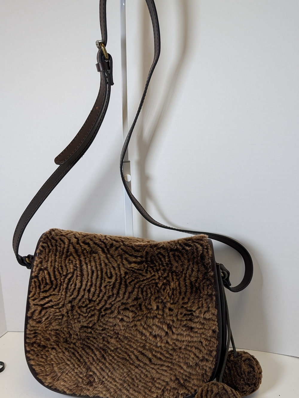 Patricia Nash Brown Faux Fur Crossbody with Pom-Pom Accents